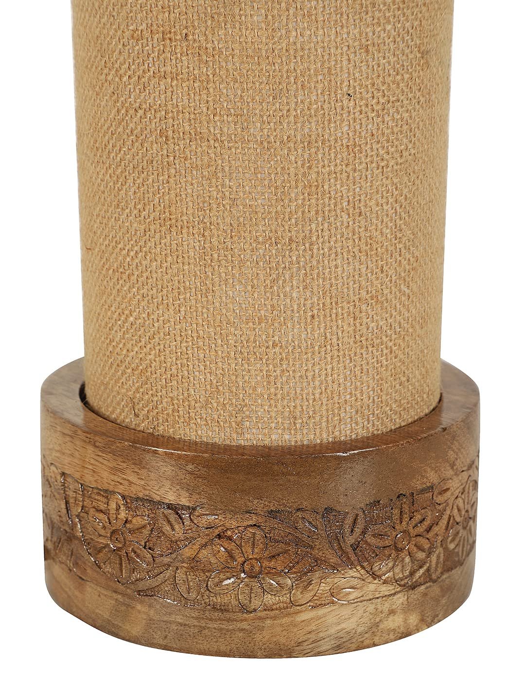 Beige Jute Table lamp with Carving Wood Natural Base (Round)