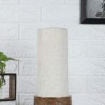 White Jute Table lamp with Carving Wood Natural Base (Round)