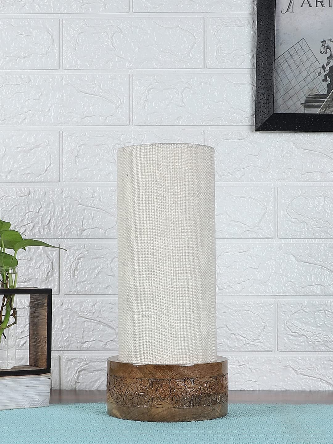 White Jute Table lamp with Carving Wood Natural Base (Round)