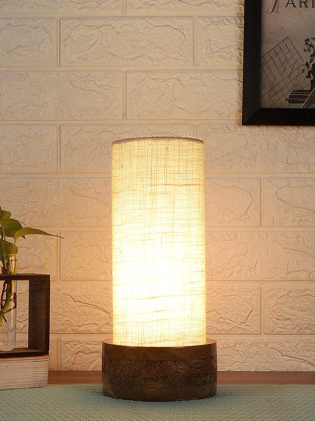 White Jute Table lamp with Carving Wood Natural Base (Round)
