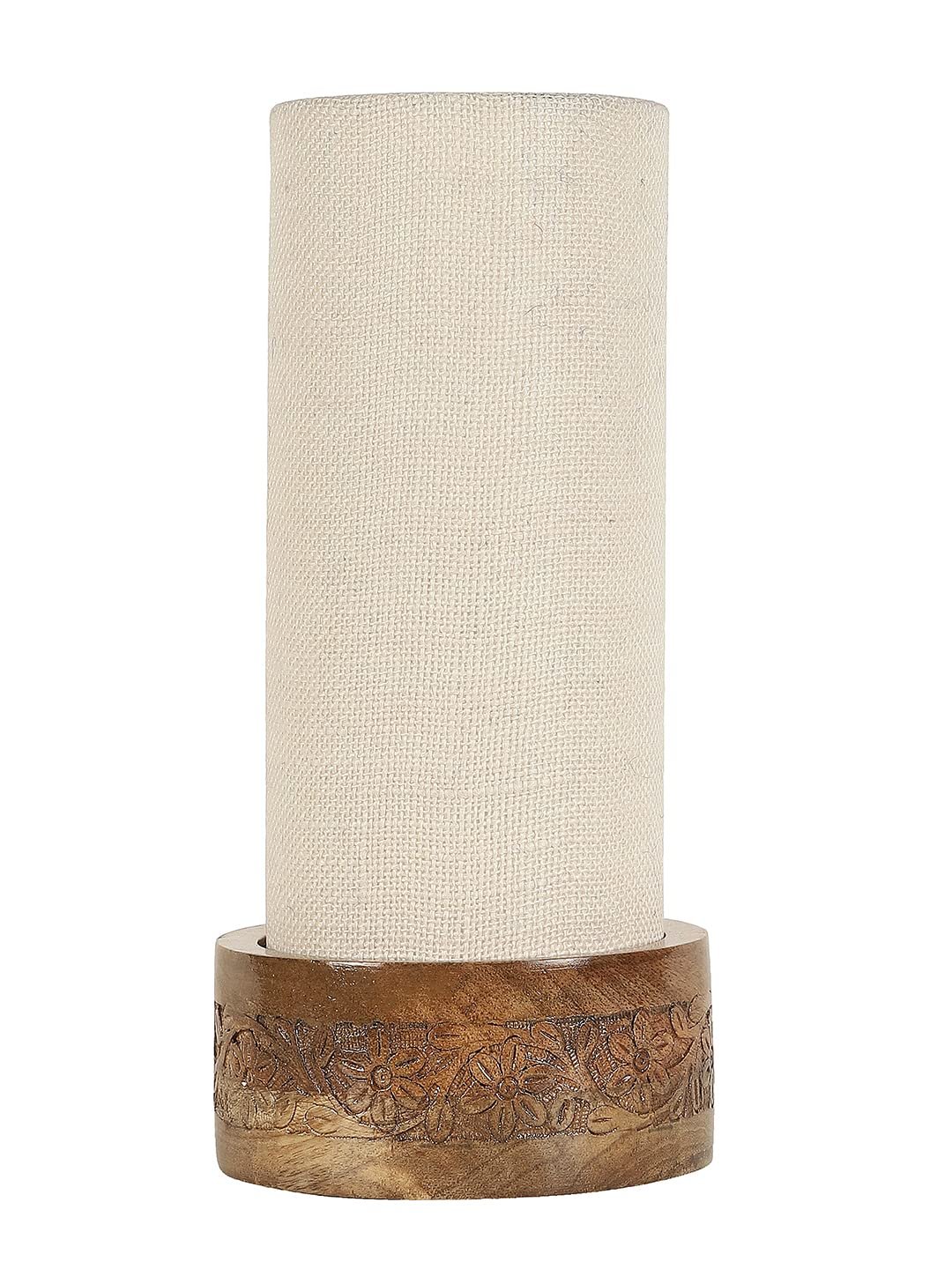 White Jute Table lamp with Carving Wood Natural Base (Round)