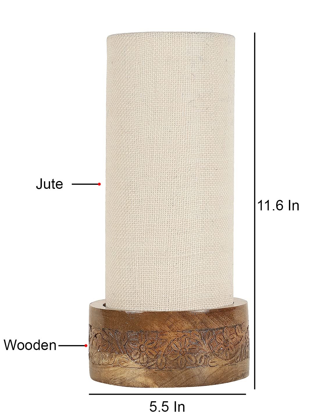 White Jute Table lamp with Carving Wood Natural Base (Round)