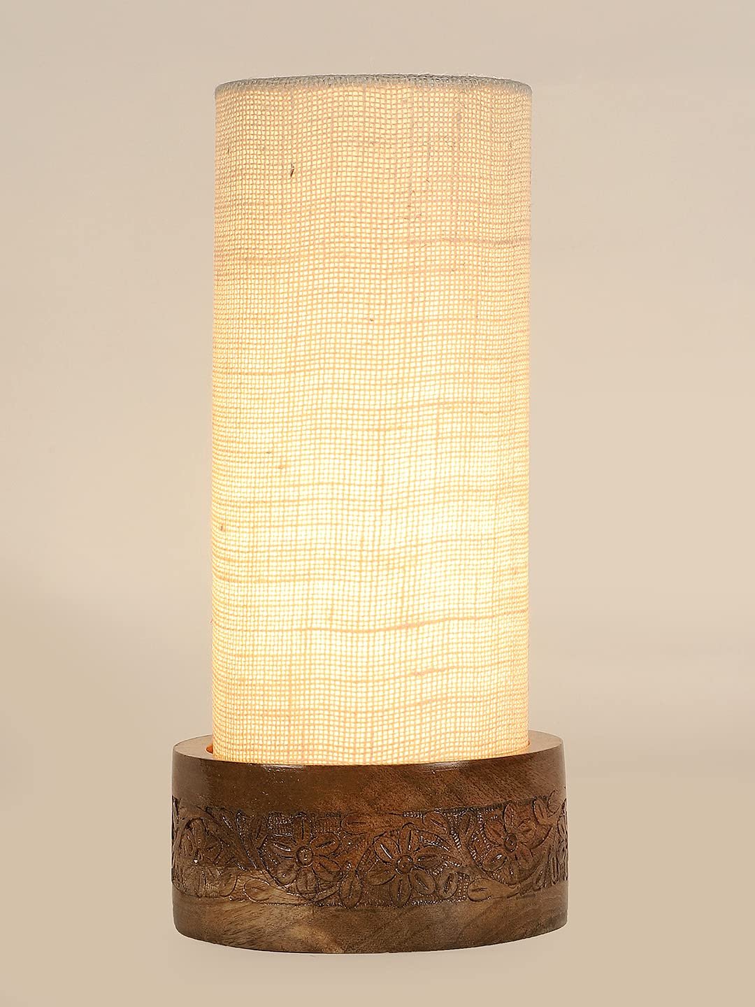 White Jute Table lamp with Carving Wood Natural Base (Round)