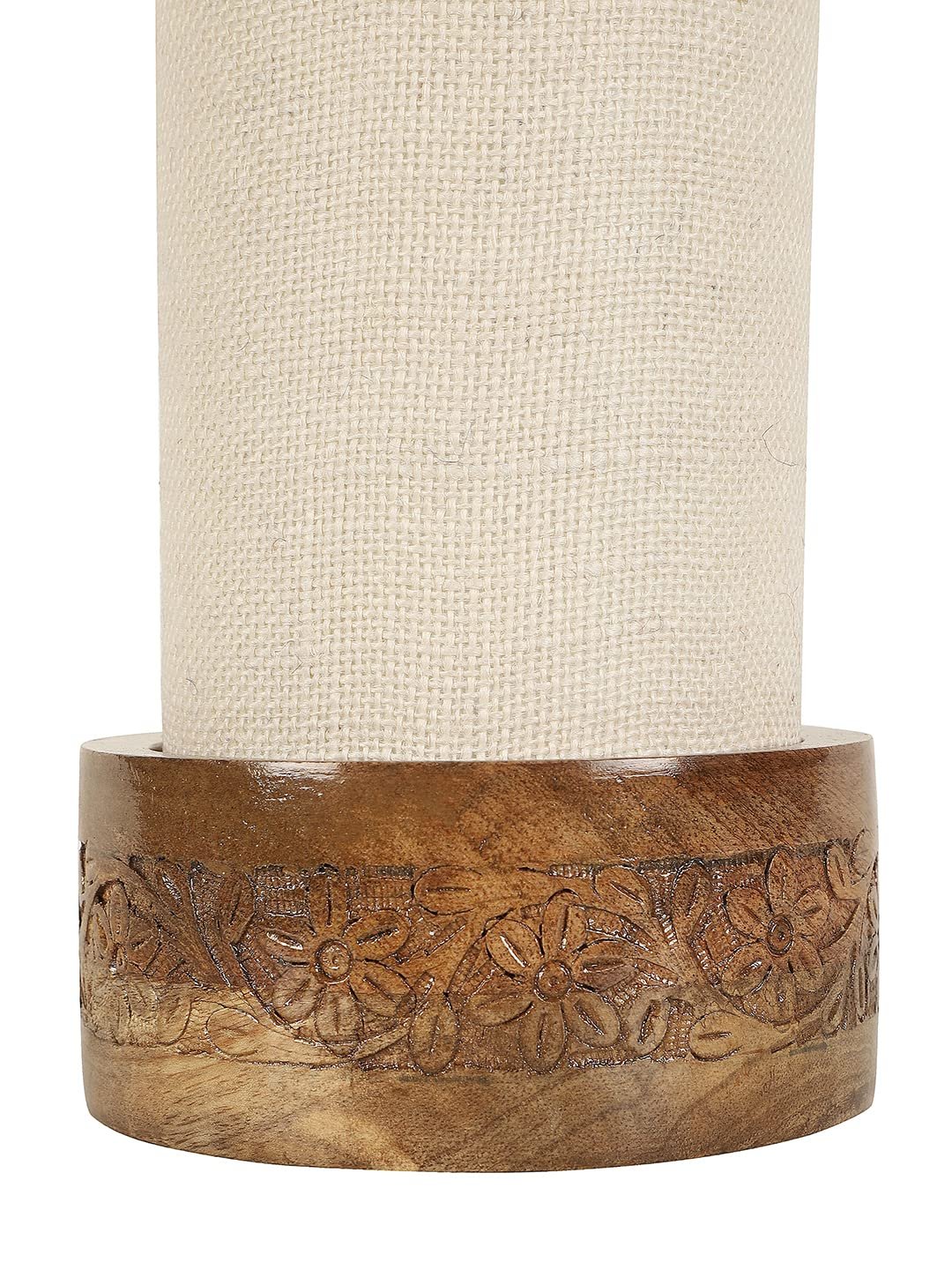 White Jute Table lamp with Carving Wood Natural Base (Round)