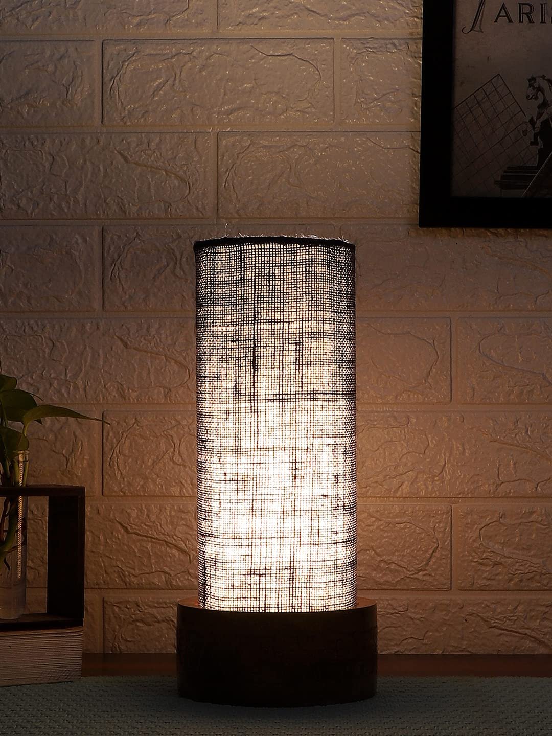 Blue Jute Table lamp with Carving Wood Natural Base (Round)