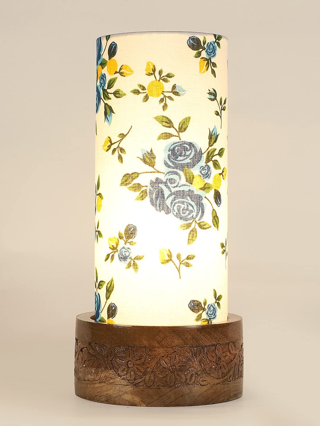 Multicolor Cotton Table lamp with Carving Wood Natural Base (Round)