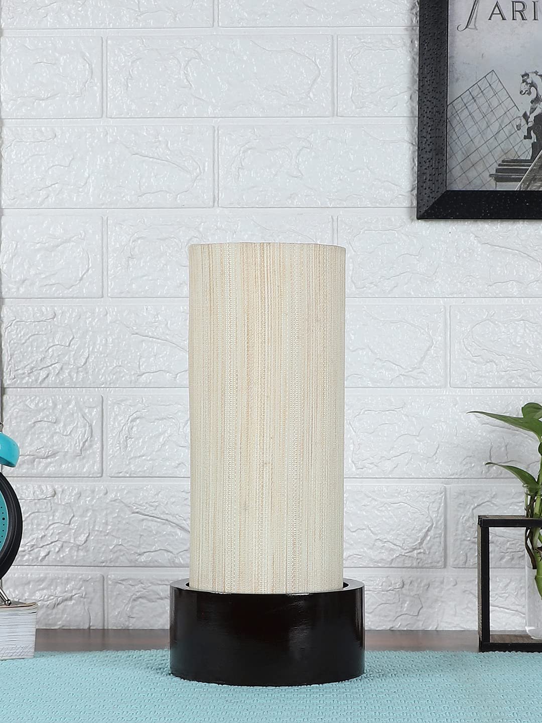 Off White Cotton Table lamp with Wood Brown Base (Round)