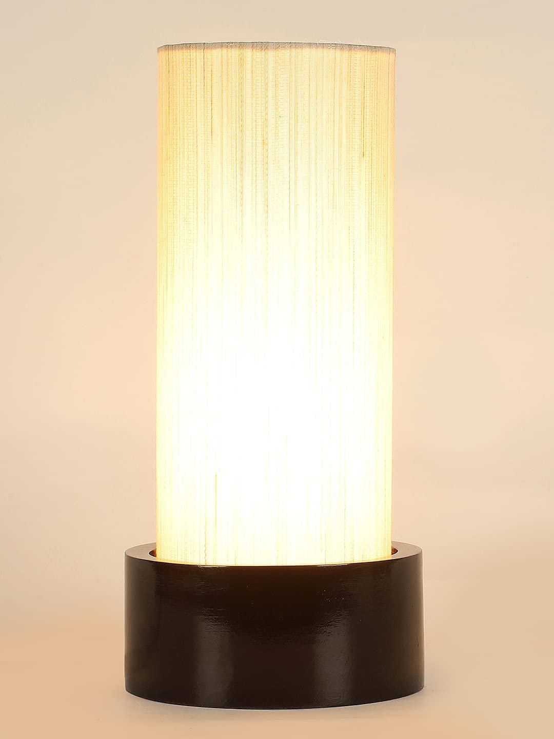 Off White Cotton Table lamp with Wood Brown Base (Round)