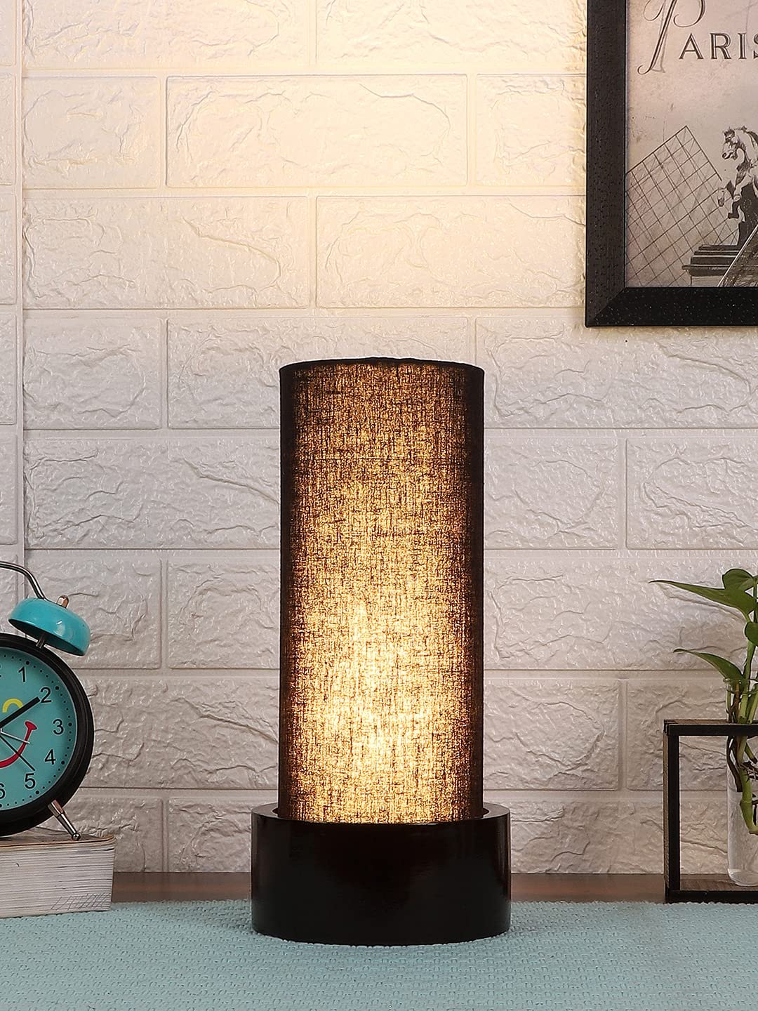 Black Cotton Table lamp with Wood Brown Base (Round)