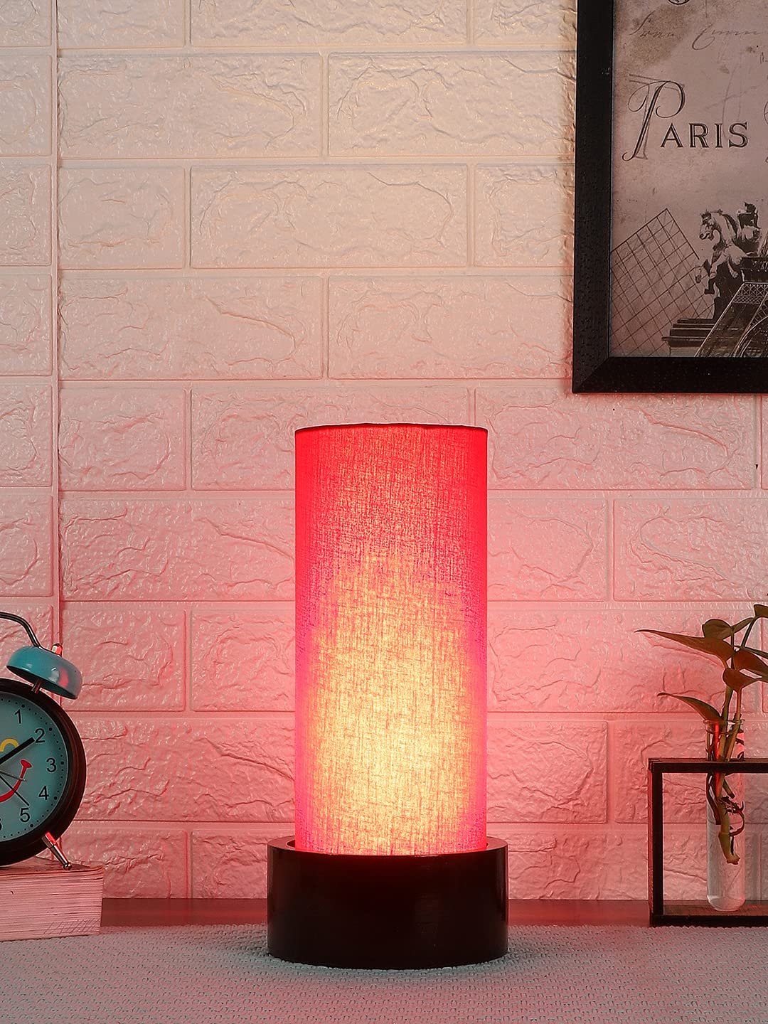 Red Cotton Table lamp with Wood Brown Base (Round)