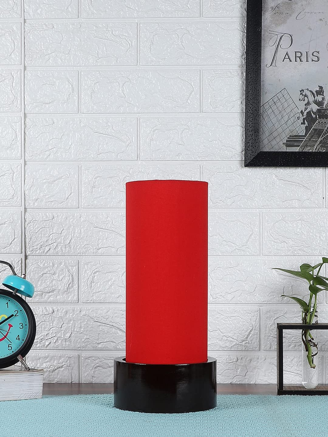 Red Cotton Table lamp with Wood Brown Base (Round)