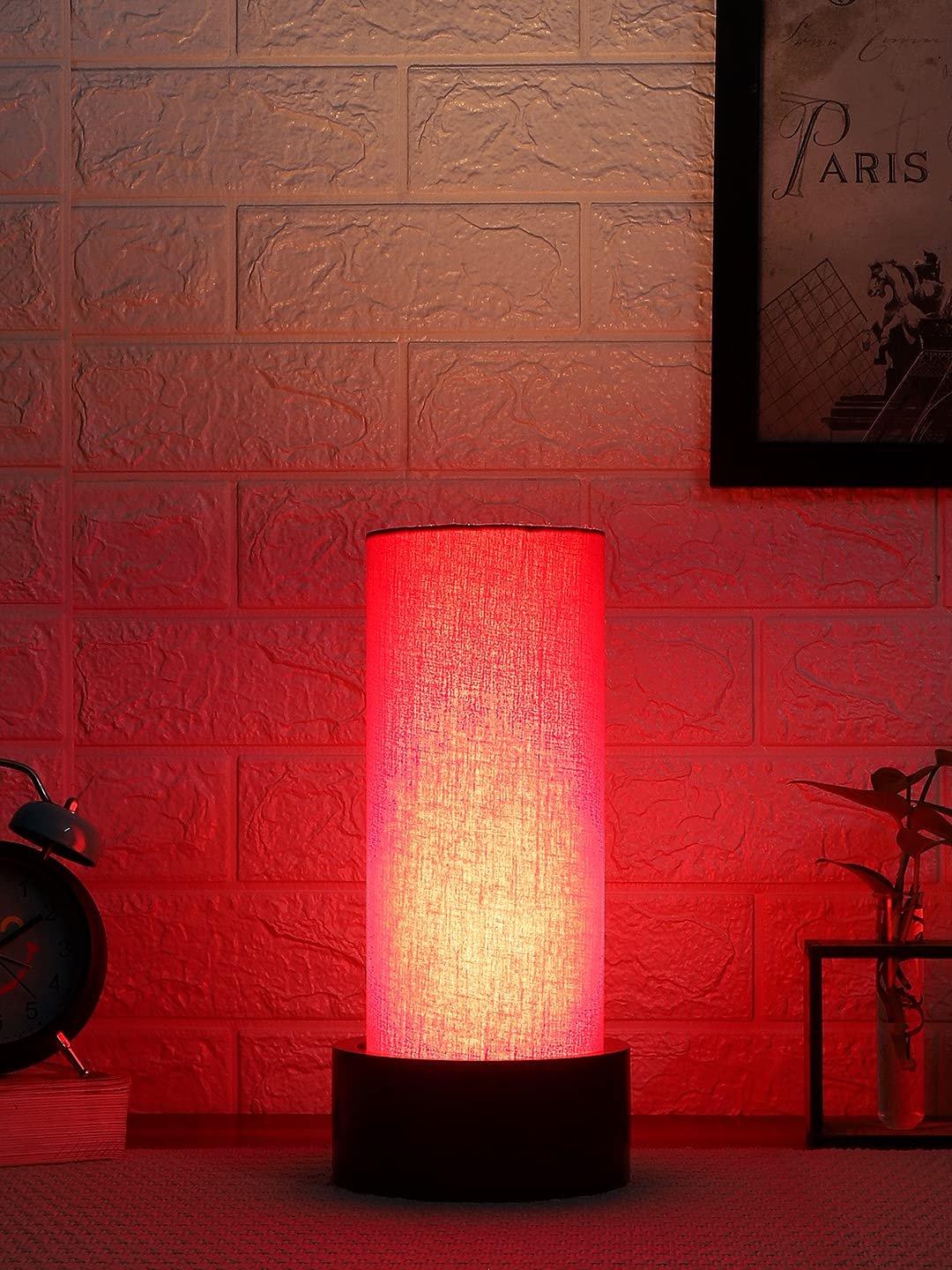 Red Cotton Table lamp with Wood Brown Base (Round)