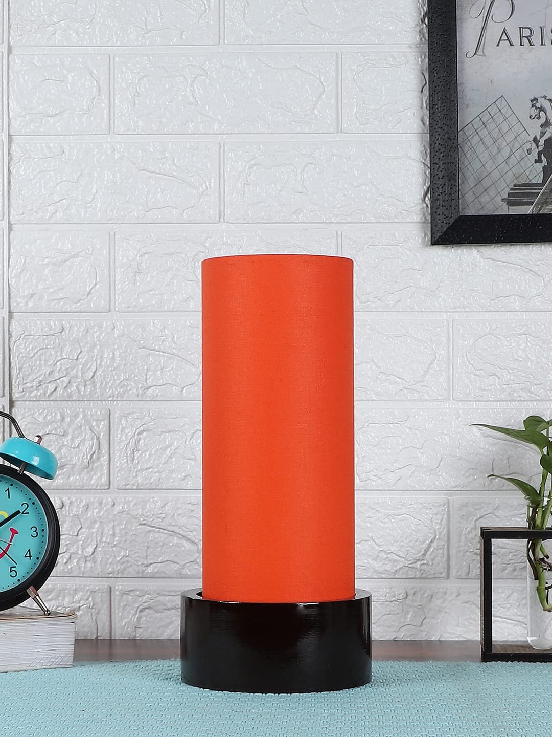 Orange Cotton Table lamp with Wood Brown Base (Round)