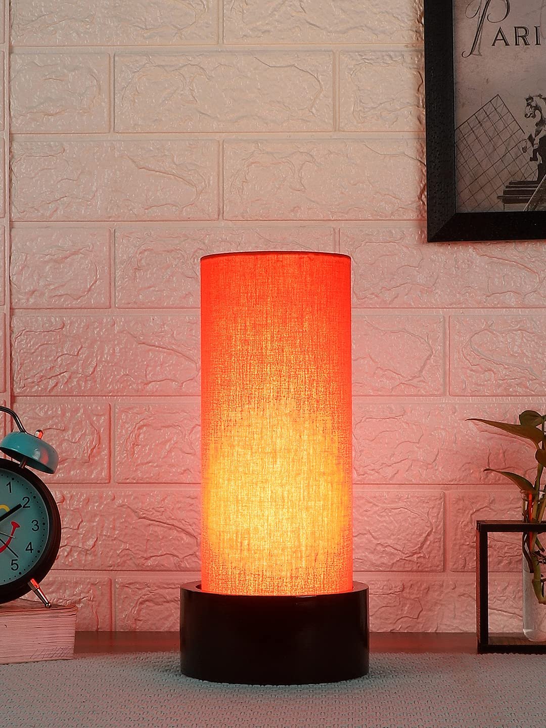 Orange Cotton Table lamp with Wood Brown Base (Round)