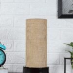 Yellow Cotton Table lamp with Carving Wood Natural Base (Round)