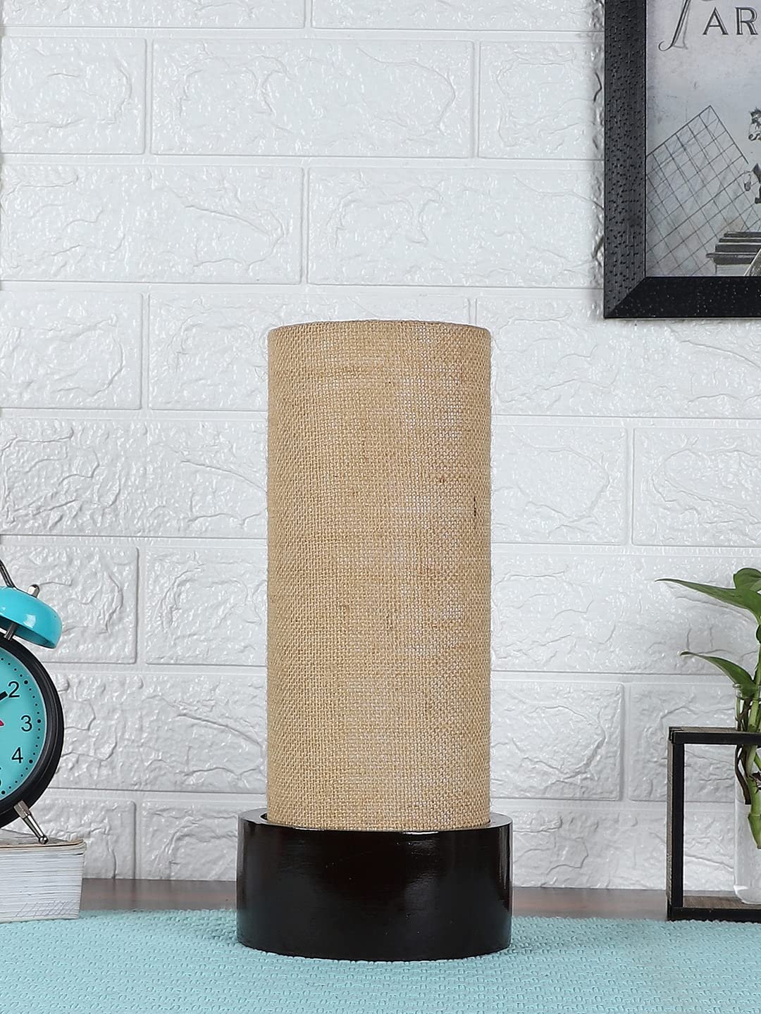 Yellow Cotton Table lamp with Carving Wood Natural Base (Round)