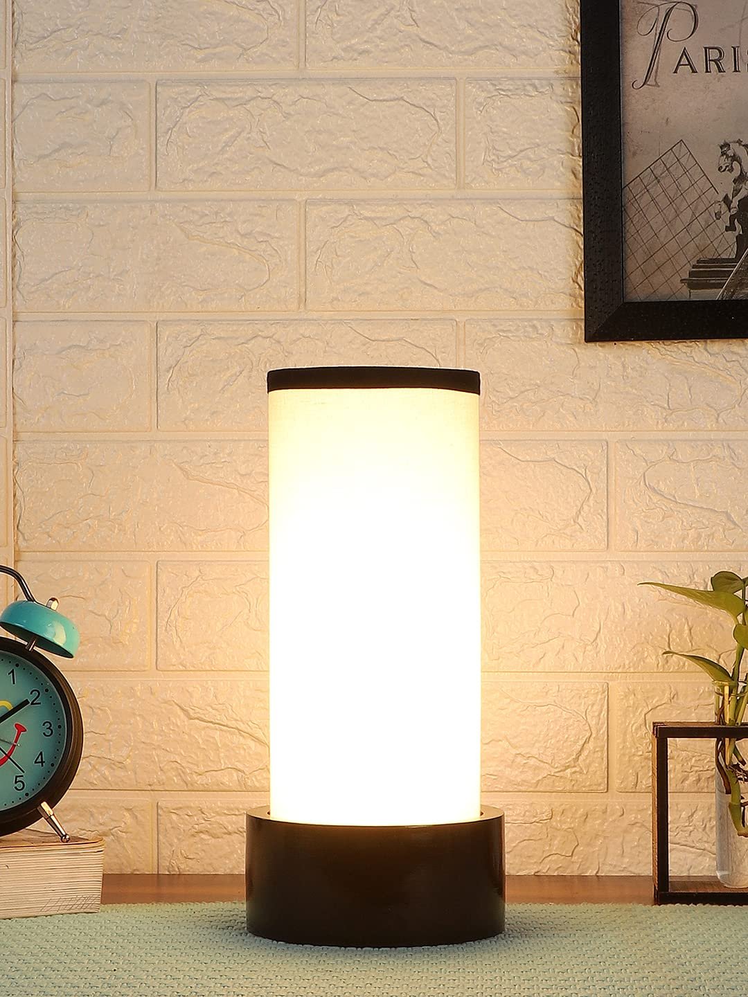 Multicolor Cotton Table lamp with Wood Brown Base (Round)