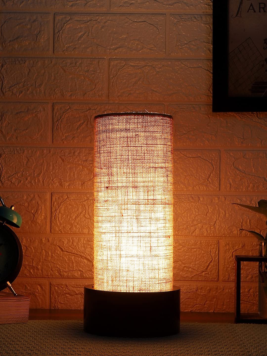 Beige Jute Table lamp with Wood Brown Base (Round)