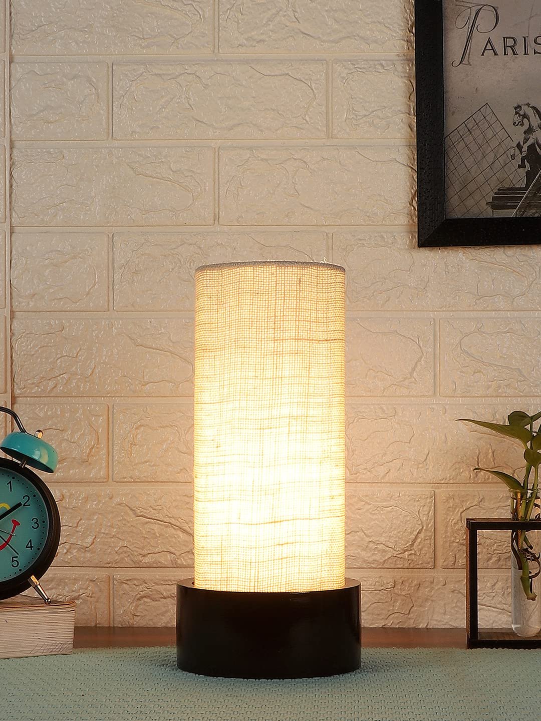 White Jute Table lamp with Wood Brown Base (Round)