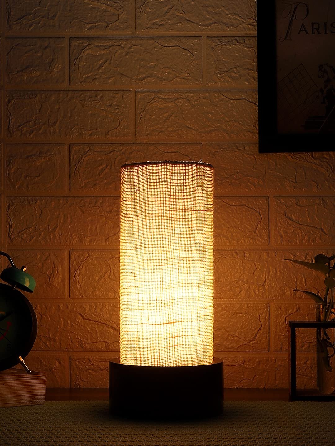 White Jute Table lamp with Wood Brown Base (Round)