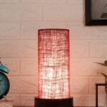 Maroon Jute Table lamp with Wood Brown Base (Round)