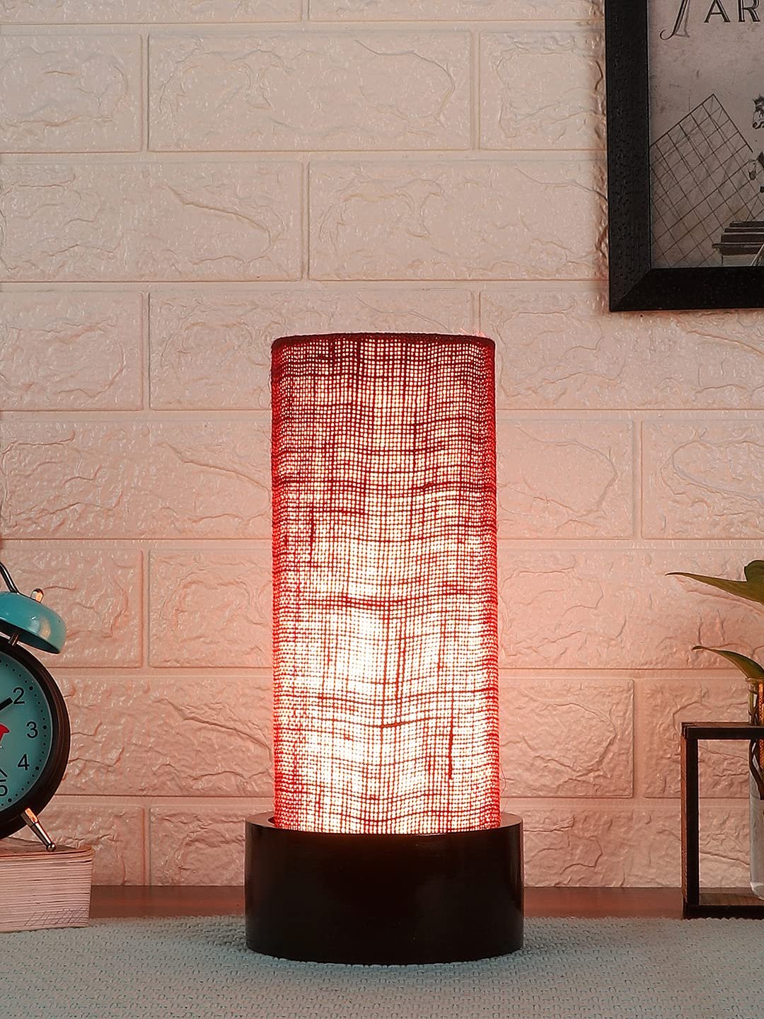 Maroon Jute Table lamp with Wood Brown Base (Round)