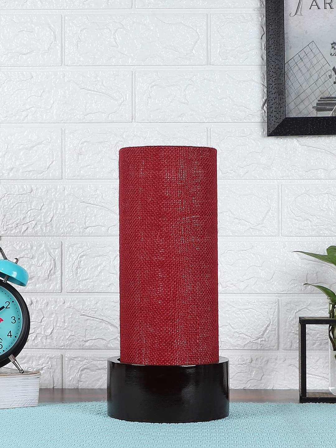 Maroon Jute Table lamp with Wood Brown Base (Round)