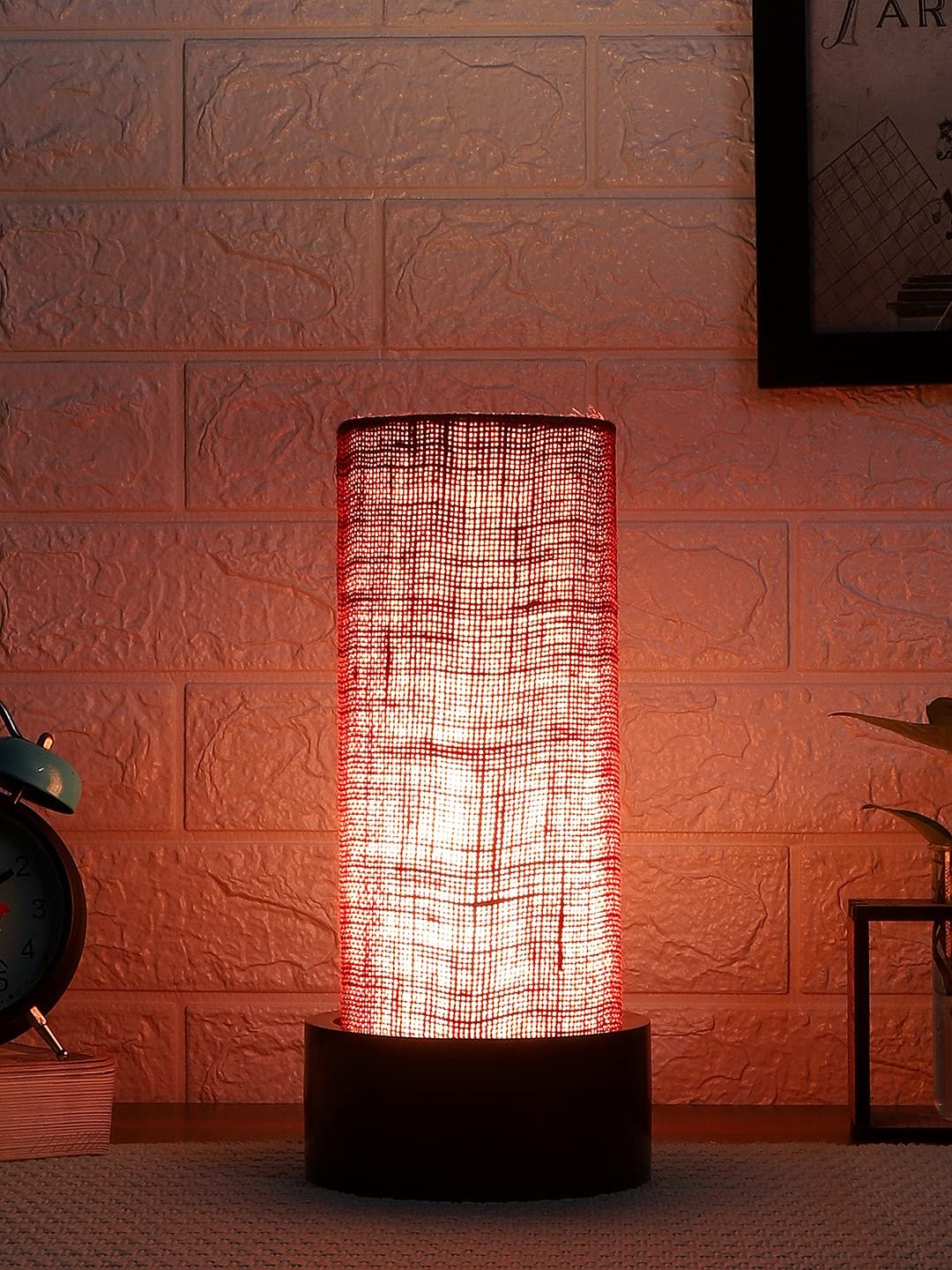 Maroon Jute Table lamp with Wood Brown Base (Round)