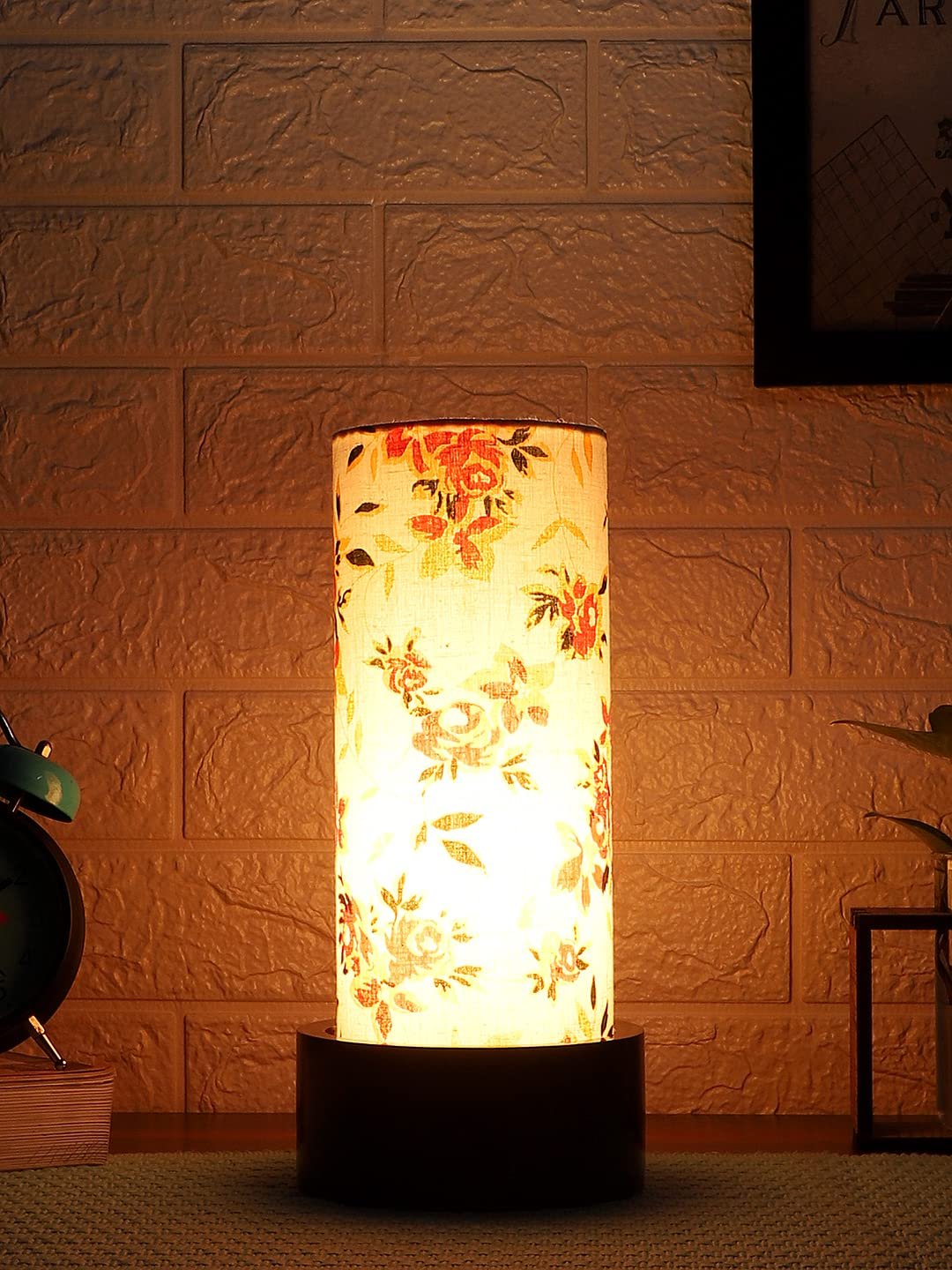Multicolor Cotton Table lamp with Wood Brown Base (Round)
