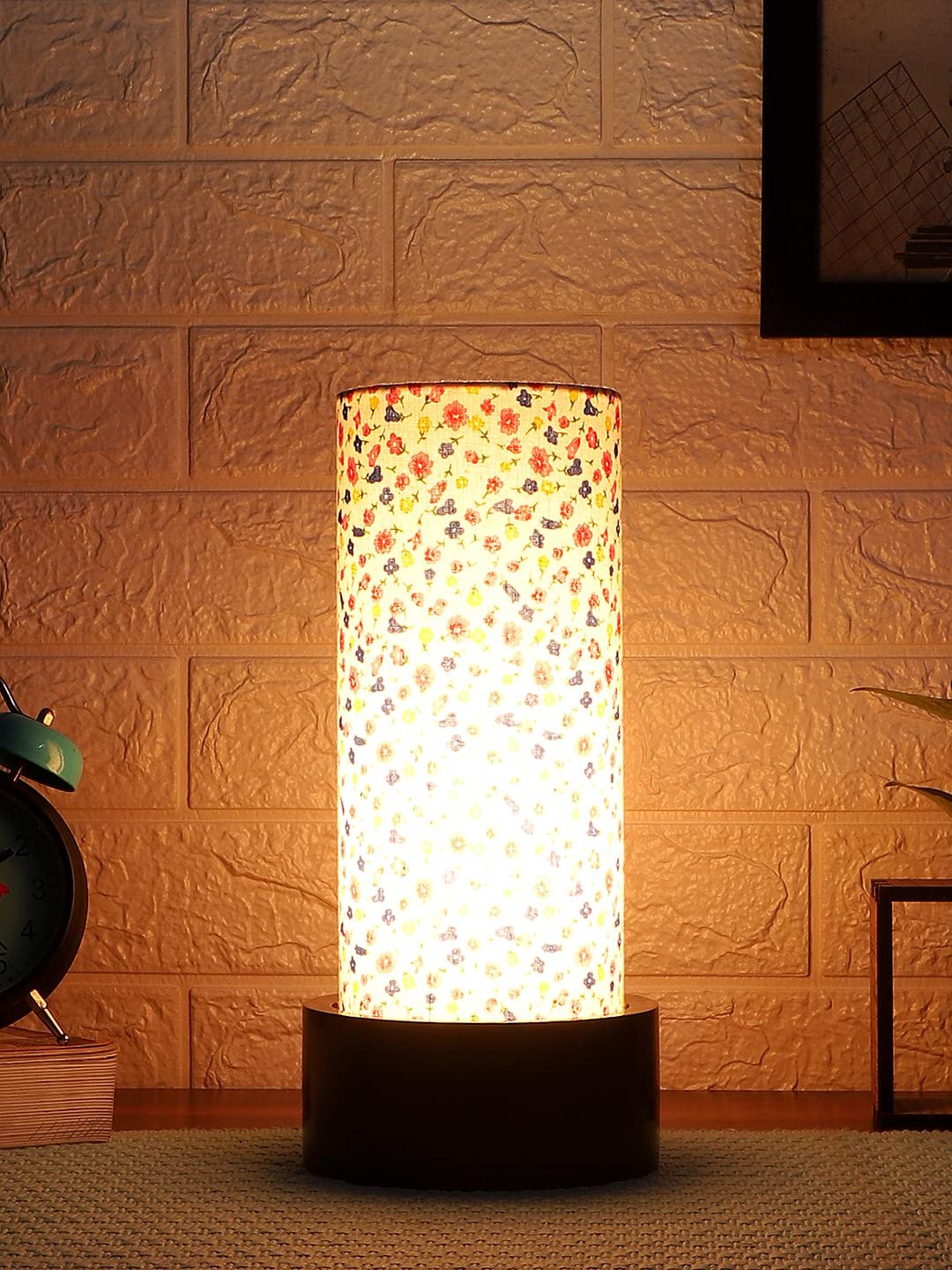 Multicolor Cotton Table lamp with Wood Brown Base (Round)