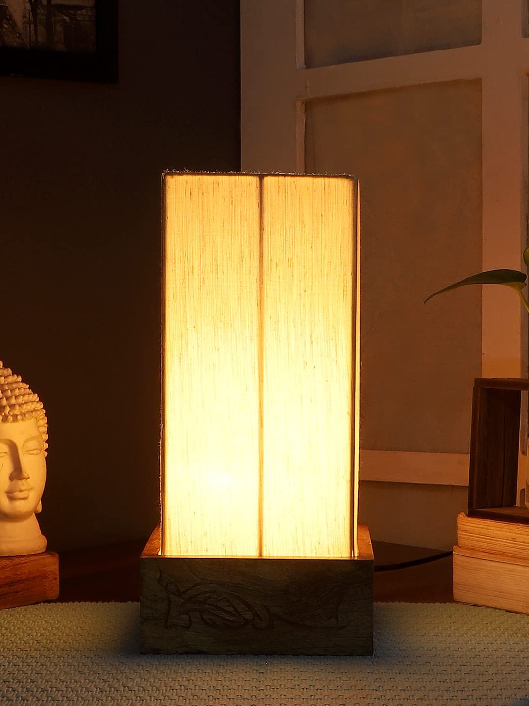 Off White Cotton Table lamp with Carving Wood Natural Base