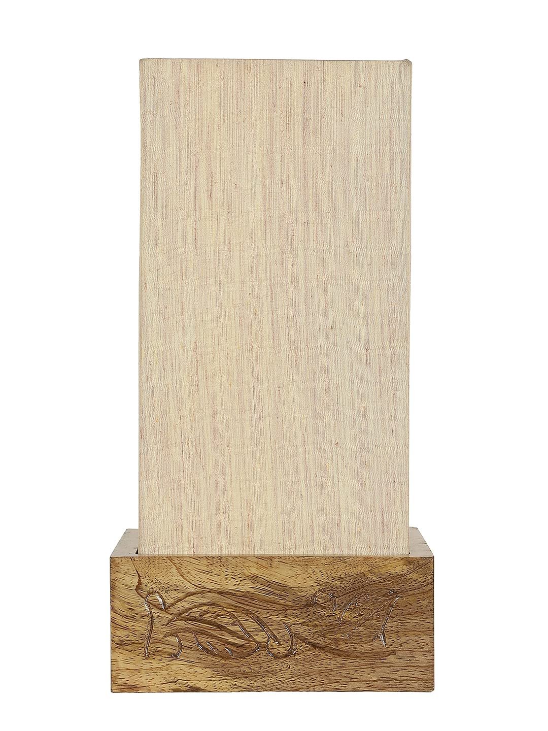 Off White Cotton Table lamp with Carving Wood Natural Base