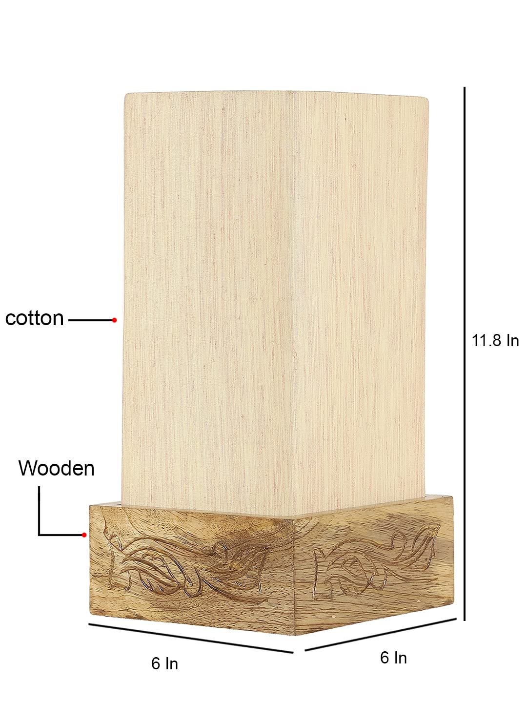 Off White Cotton Table lamp with Carving Wood Natural Base