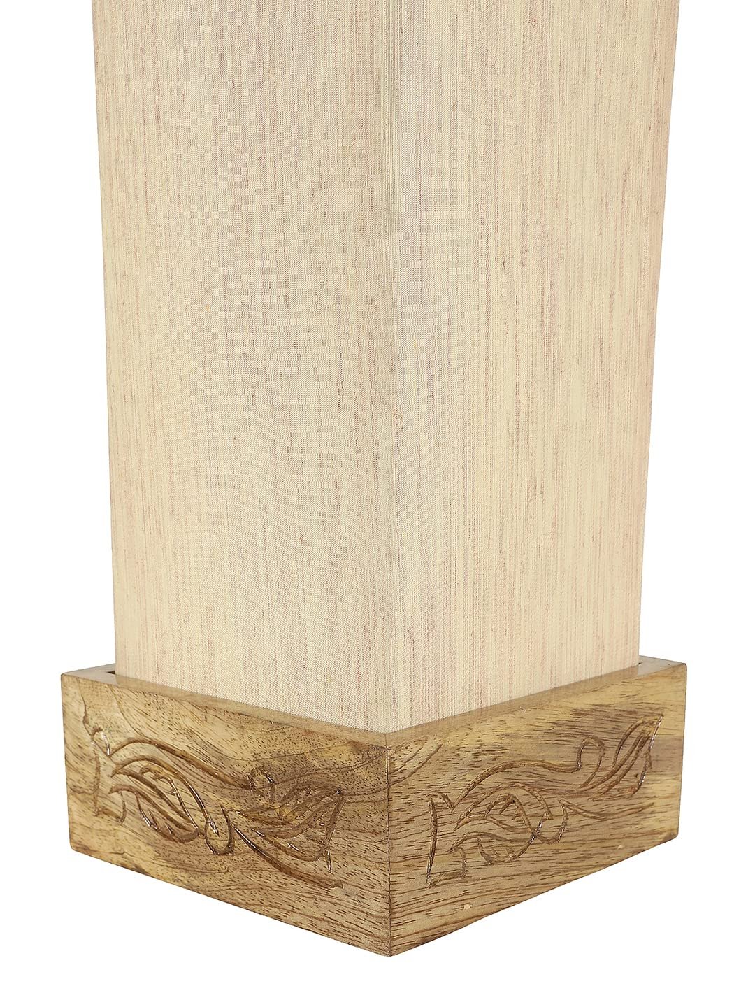 Off White Cotton Table lamp with Carving Wood Natural Base