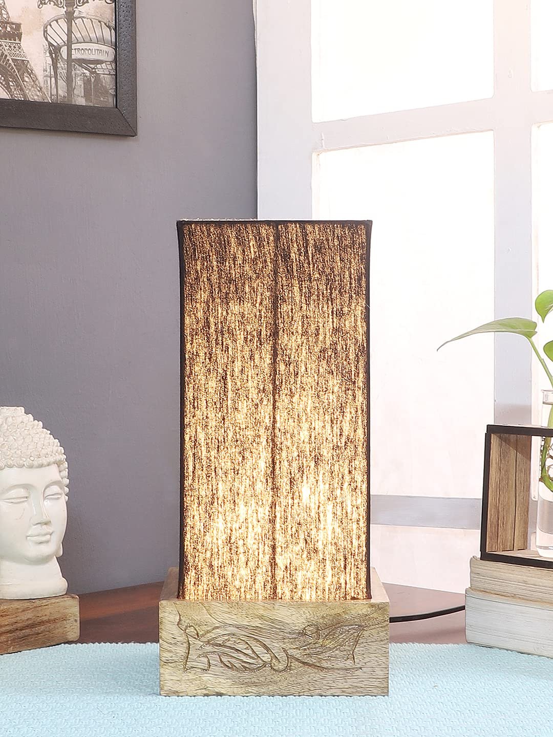 Black Cotton Table lamp with Carving Wood Natural Base