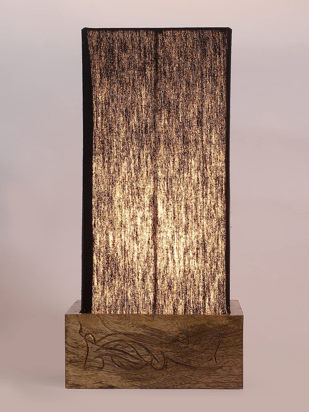 Black Cotton Table lamp with Carving Wood Natural Base