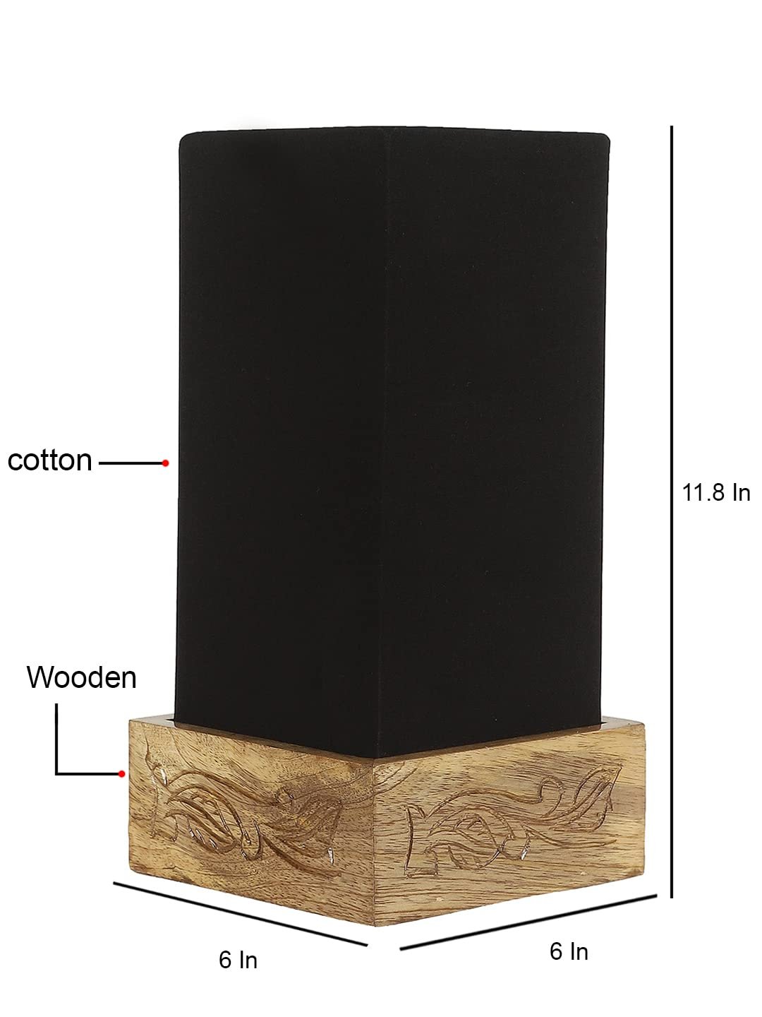 Black Cotton Table lamp with Carving Wood Natural Base