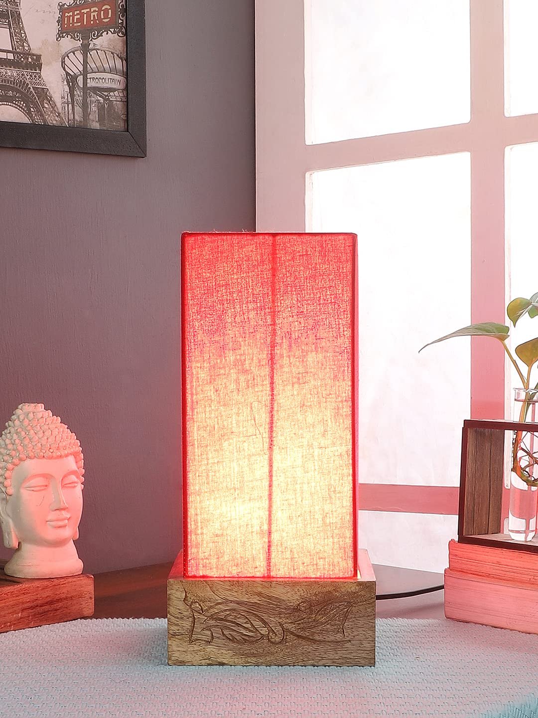 Red Cotton Table lamp with Carving Wood Natural Base