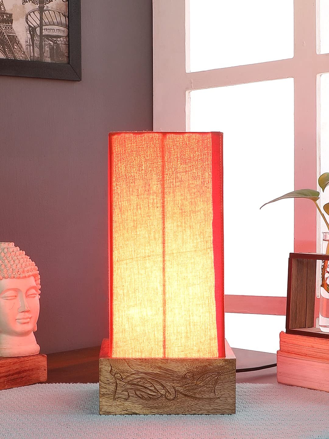 Orange Cotton Table lamp with Carving Wood Natural Base
