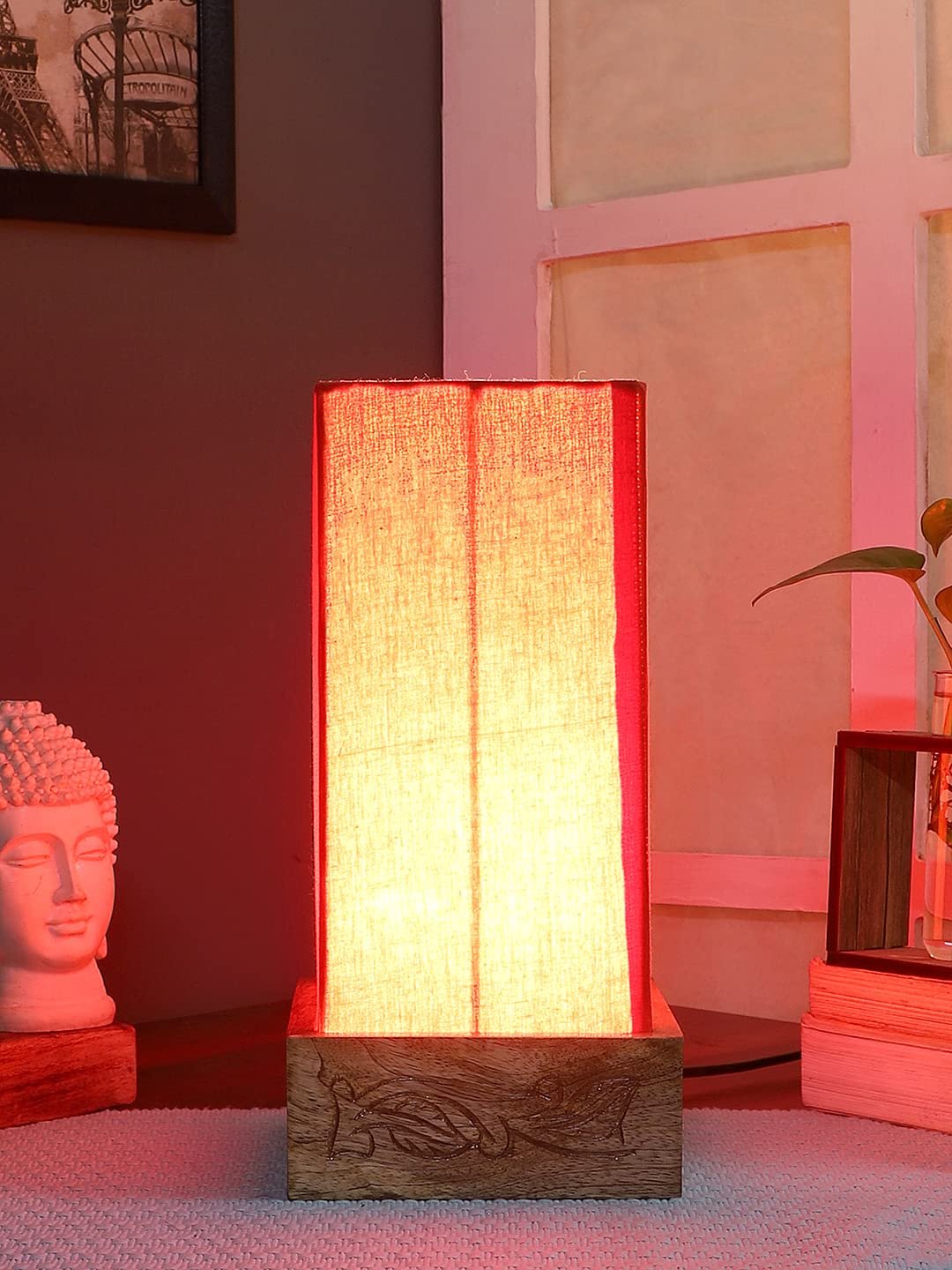 Orange Cotton Table lamp with Carving Wood Natural Base