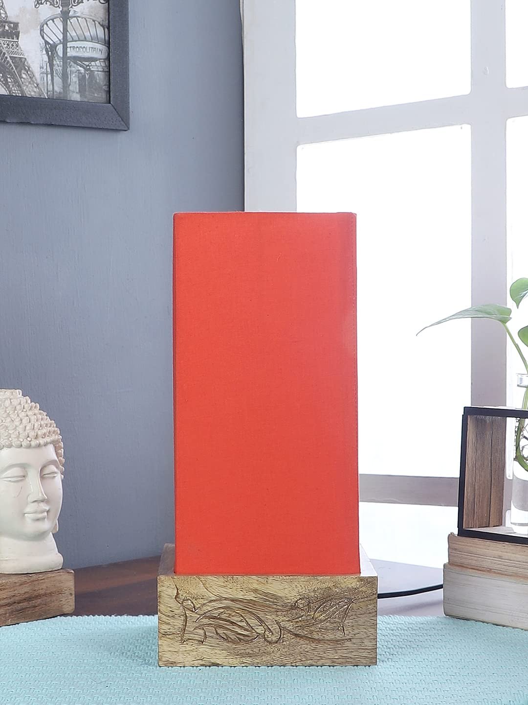 Orange Cotton Table lamp with Carving Wood Natural Base