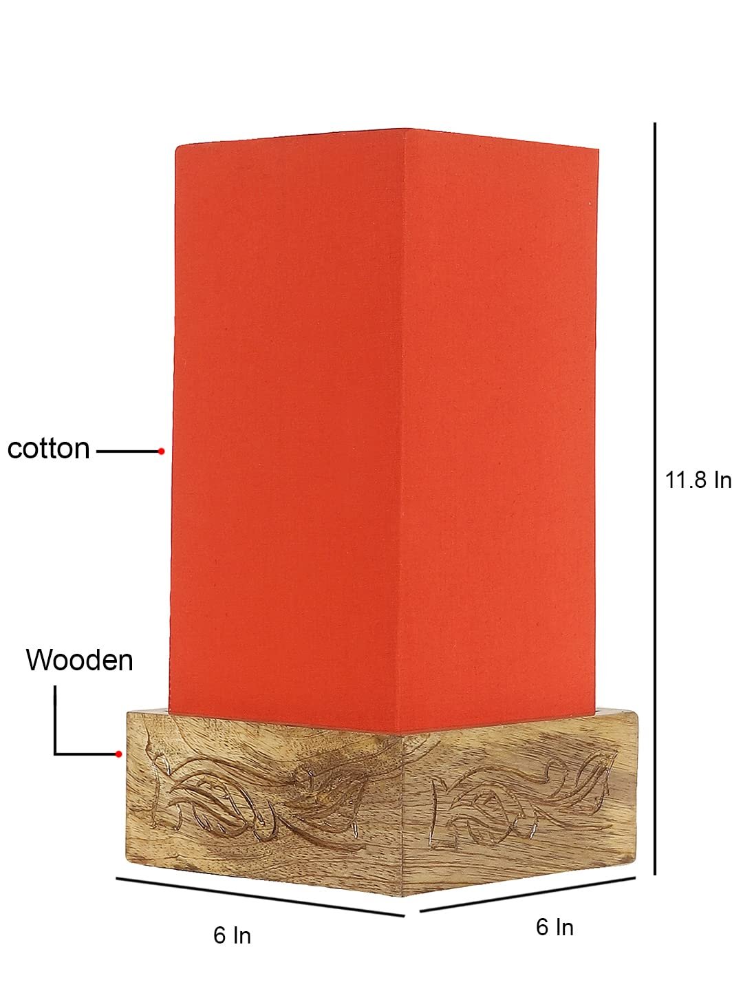 Orange Cotton Table lamp with Carving Wood Natural Base