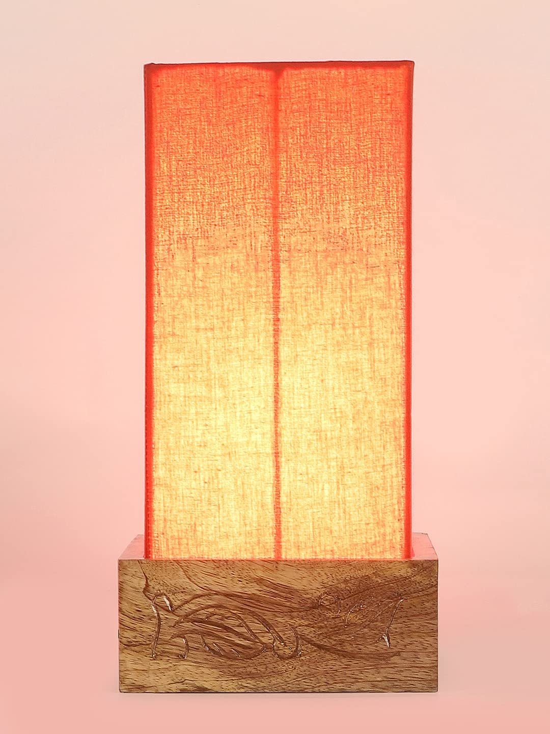 Orange Cotton Table lamp with Carving Wood Natural Base