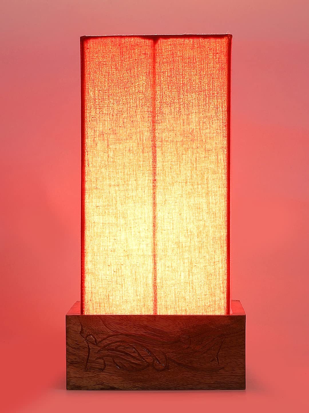 Orange Cotton Table lamp with Carving Wood Natural Base