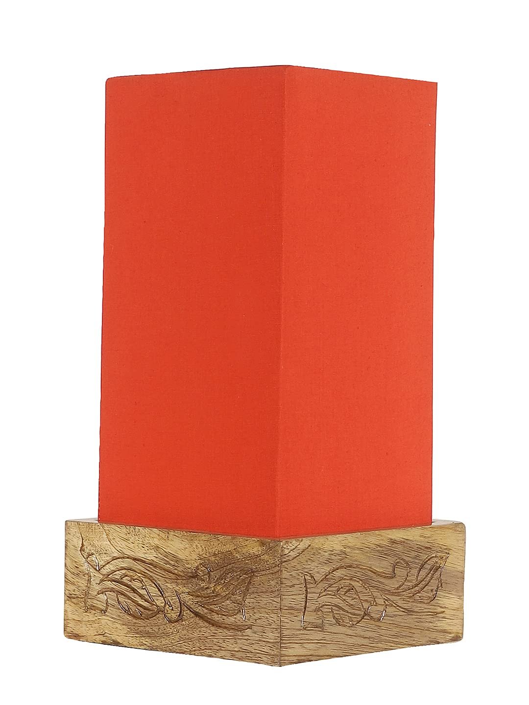 Orange Cotton Table lamp with Carving Wood Natural Base