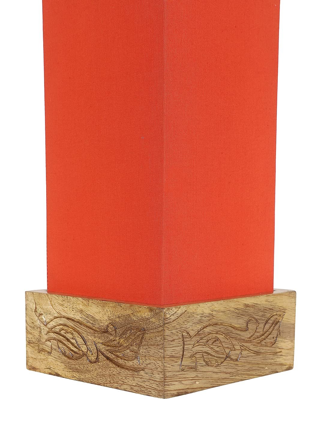 Orange Cotton Table lamp with Carving Wood Natural Base