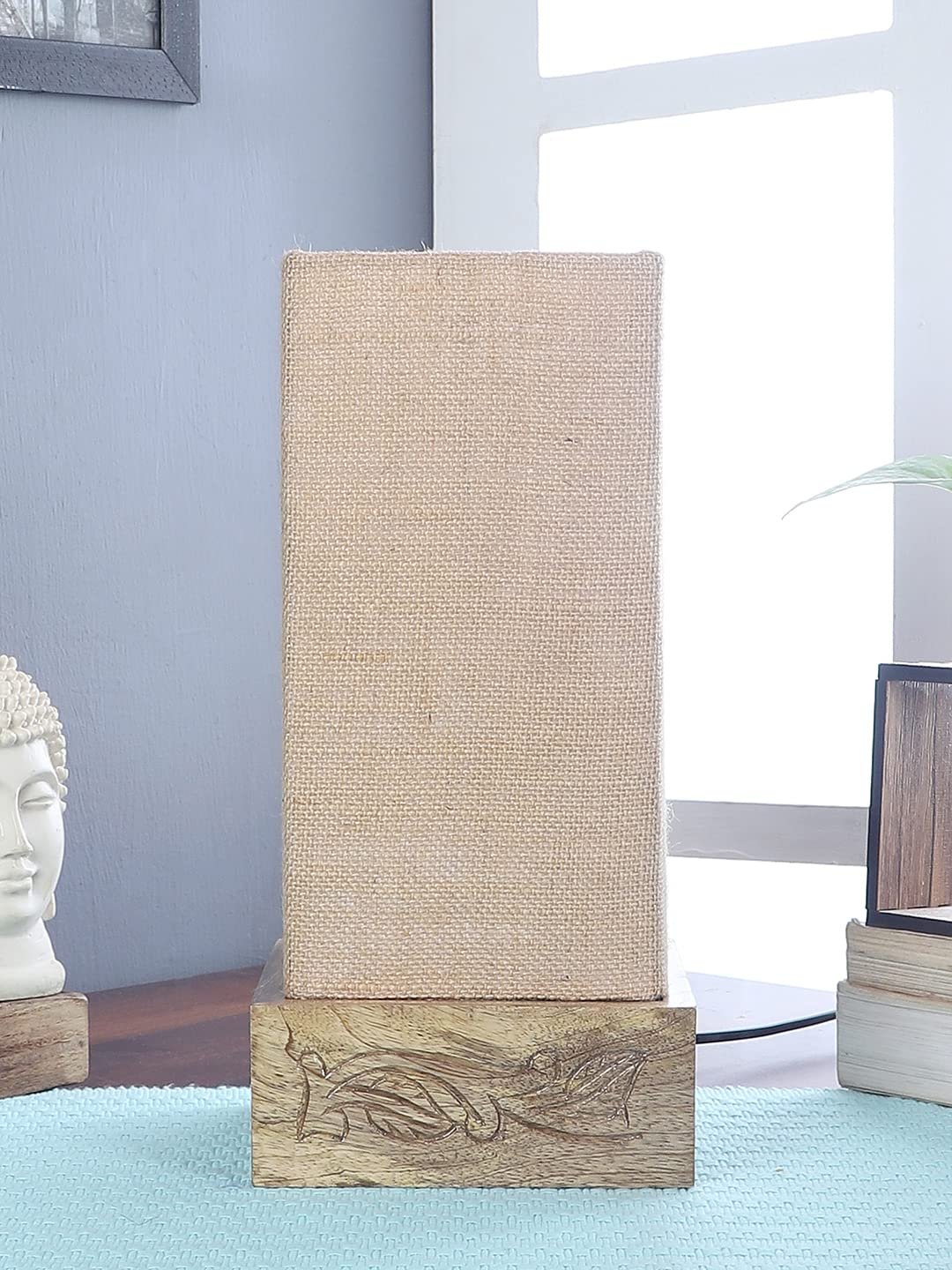 Beige Jute Table lamp with Carving Wood Natural Base