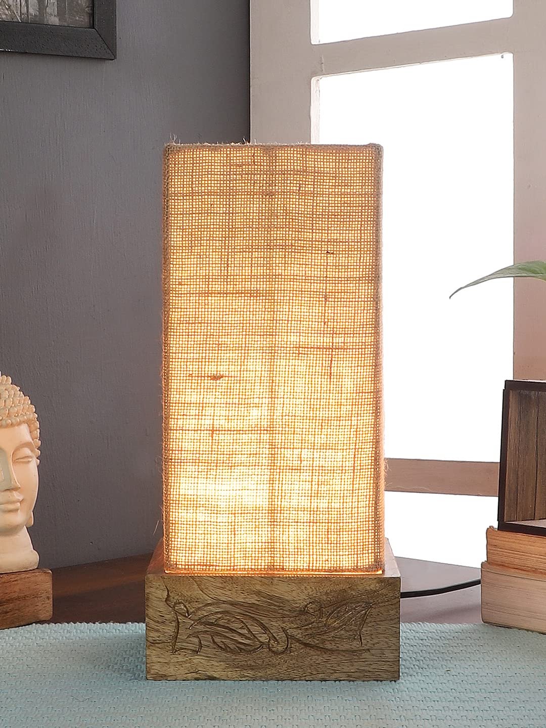 Beige Jute Table lamp with Carving Wood Natural Base