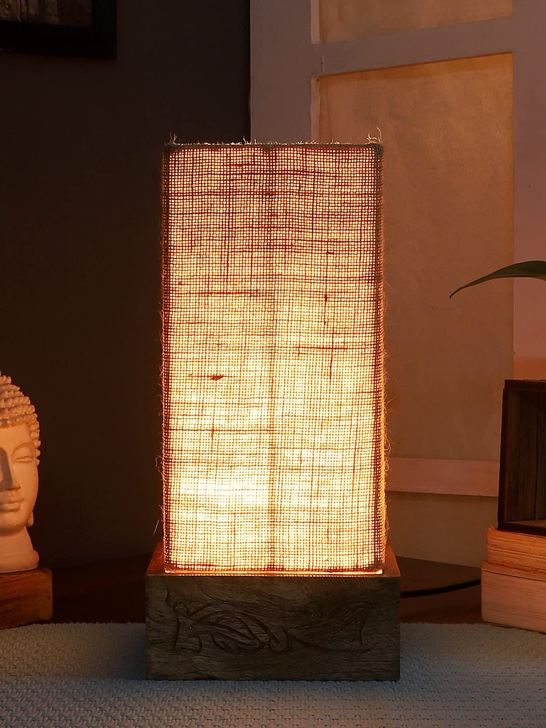 Beige Jute Table lamp with Carving Wood Natural Base