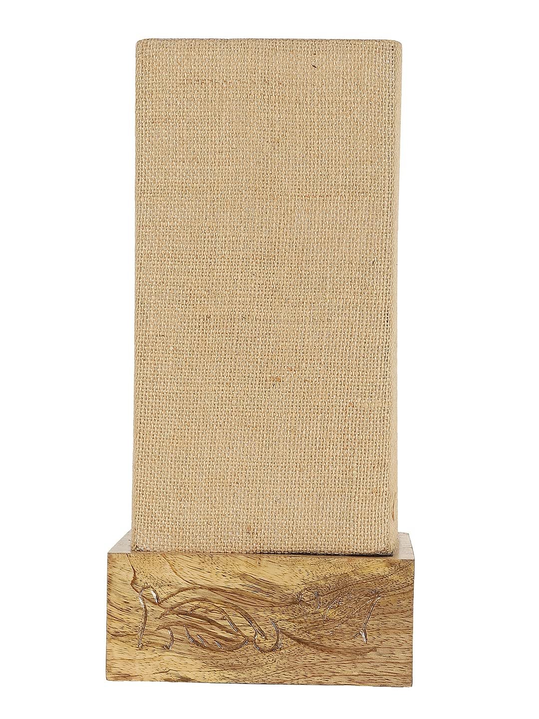 Beige Jute Table lamp with Carving Wood Natural Base